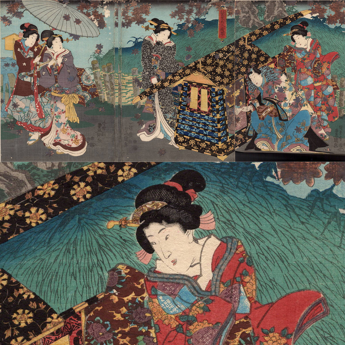 江戸時代 浮世絵 版画 三枚続 徳川時代貴婦人之図 金魚 三枚続 | 山星書店 浮世絵 Yamaboshi