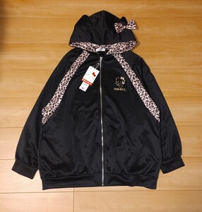 ◆新品◆Sanrio キティ HELLO KITTY 豹柄 リボン 猫耳 ジャージ◆パーカー 上着 ジャケット アウター 大きい サイズ 3L ブラック 黒 ピンク
