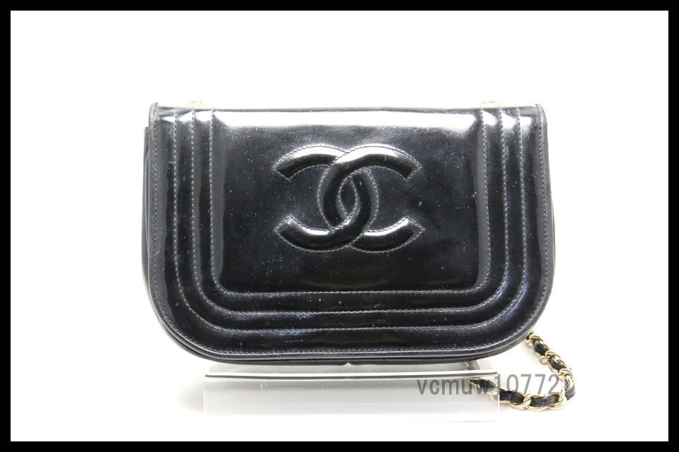 1円スタート【美品】レア　シャネル Chanel エナメル パテント ハンドバッグ ショルダーバッグ ブラック ○売り切り1円スタートCHANEL シャネル 二つ折り財布 エナメル