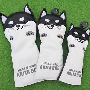 【3点セット】ドライバー フェアウェイウッド ユーティリティー ヘッドカバー 秋田犬 いぬ 白 黒 ホワイト ブラック 1W DR FW UT 新品