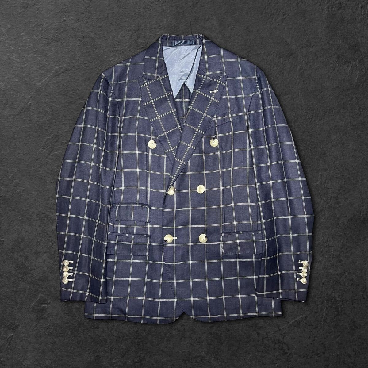 レア美品★HACKETT MAYFAIR × ロロピアーナ ダブル ジャケット スーツ ネイビー チェック ウィンドウペン テーラードジャケット ブレザー