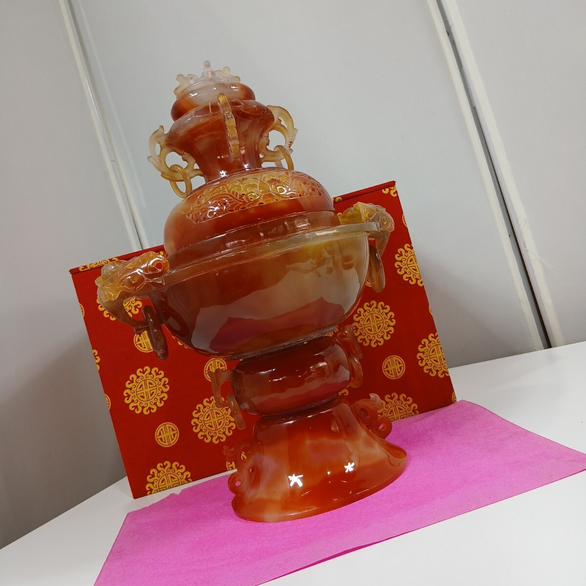 【未使用】中国　赤瑪瑙　香炉　台付　彫刻　中国美術　中国伝統工芸 Yahoo!オークション - 中国美術 赤瑪瑙 彫刻 遊環付香炉 高29cm