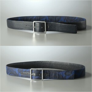MI0998◎ETRO ETRO Сделано в Италии Мужской двусторонний ремень Ремень из кожи шиво и жаккарда Темно-синий цвет Общая длина: ок. 102 см