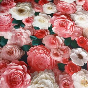 1㍍長 華やか多彩な椿柄の綿シーチングプリント生地ハギレ布