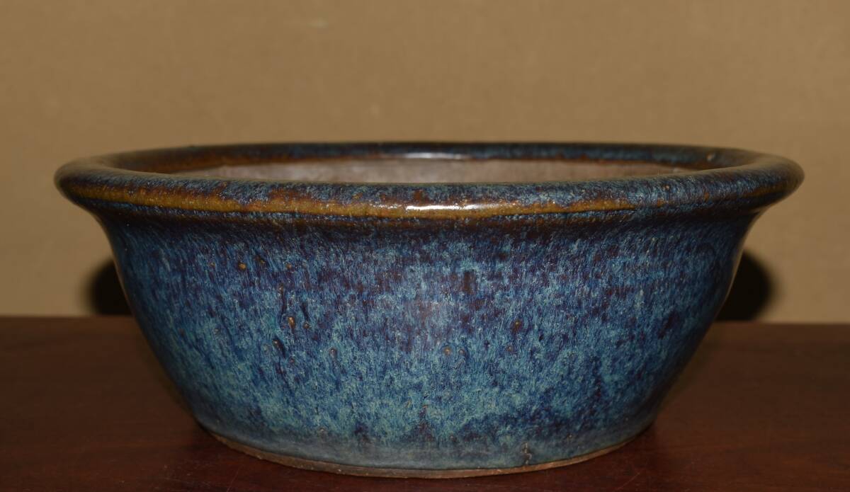 【中国古盆器】 海鼠釉楕円鉢・中渡り　盆栽鉢 中国古盆器】 海鼠釉楕円鉢・中渡り 盆栽鉢 祝峯海鼠釉
