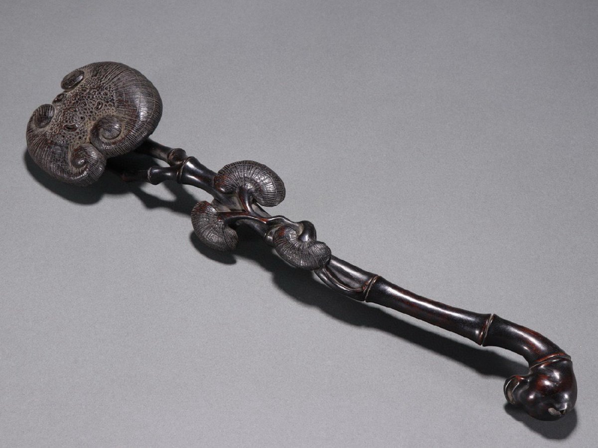 旧蔵・老純銅モザイク玉石宝石霊芝如意，品相保存完璧な・置物・古置物・賞物 旧蔵・老純銅モザイク玉石宝石霊芝如意，品相保存完璧な・置物・