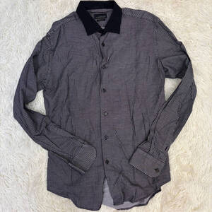 ZARA MAN BLACK TAG スリムフィット 長袖シャツ 小紋柄 襟切替 黒白 L 右袖ボタン欠損