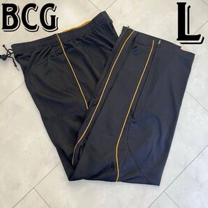 bcg メンズ ジャージパンツ トラックパンツ スウェットパンツ ブラック・黒×イエロー・黄色 Lサイズ ジャージ下 輸入古着