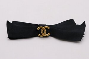 【中古美品】CHANEL ヴィンテージ シャネル リボン バレッタ ヘアアクセサリー ココマーク ロゴデザイン ブラック ゴールド 箱付き【漂亮】