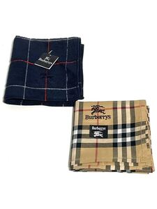 未使用 シール付き BURBERRY バーバリー 綿 ハンカチ タオルハンカチ 2枚セット ホースマーク ノバチェック ネイビー ブラウン 送料185 円~