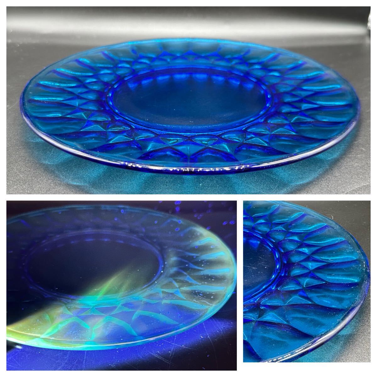 明治末期から大正初期　ミニプレスプレート　ウランガラス 4枚セット 明治末期から大正初期 ミニプレスプレート ウランガラス 4枚