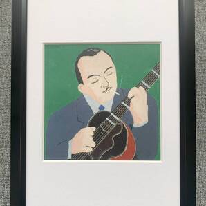■和田誠 『ジャンゴ・ラインハルト』A4サイズ 額入り 貴重イラスト 印刷物 ポスター風デザイン 額装品 アートフレーム インテリア ジャズ