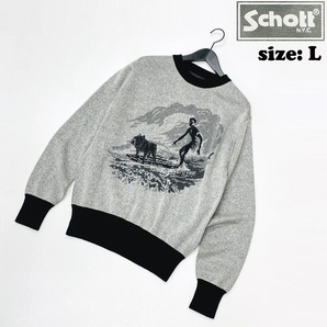Schott /L/ グレー×ブラック 長袖ニット ジャガードセーター サーフ ブルドッグ スポーツ ゴルフ バイク キャンプ アウトドア ショット