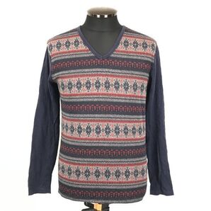 レイジブルー★長袖セーター/Vネック【メンズM/ネイビー×レッド/ノルディック柄】◆BG804