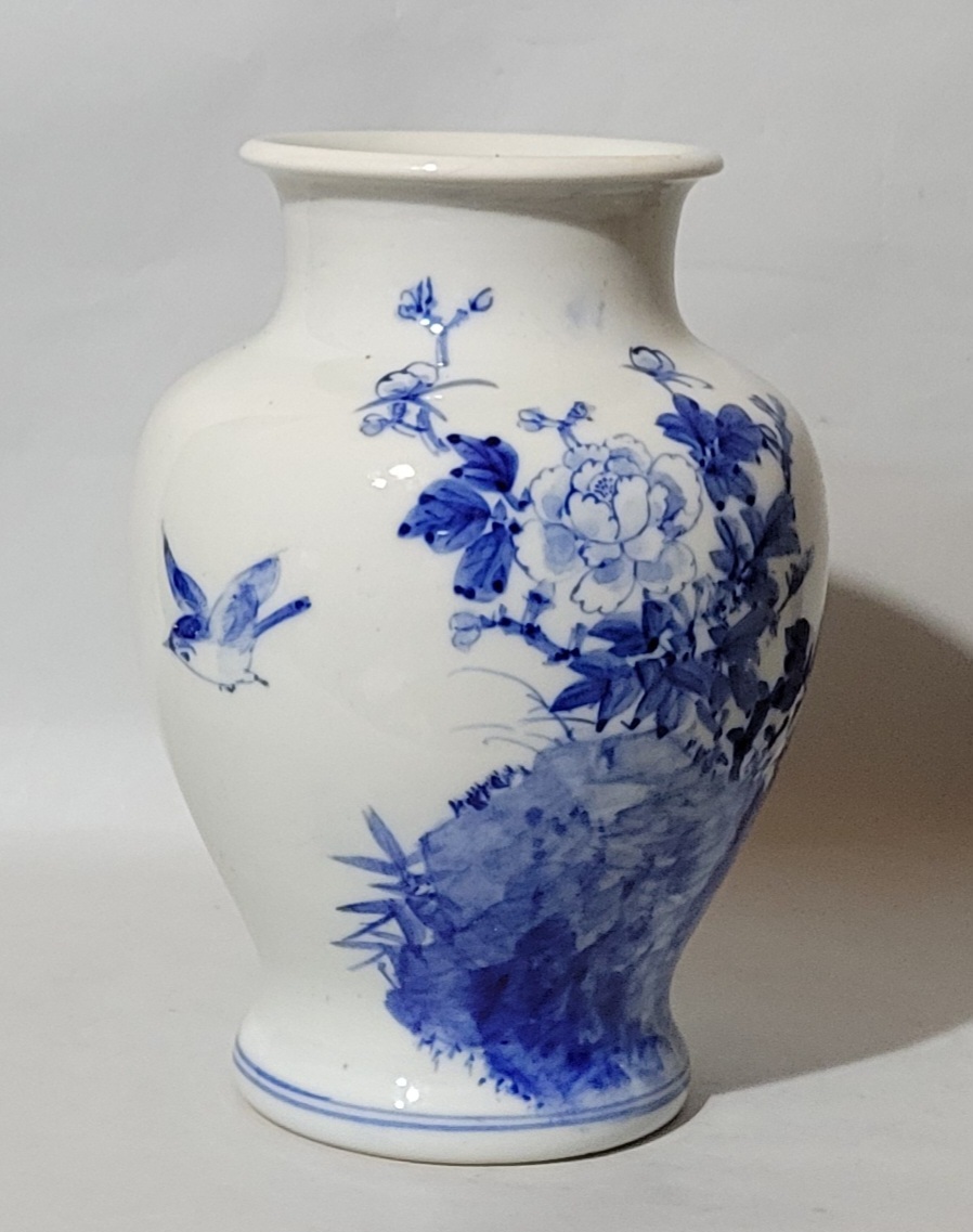 水盤　瀬戸焼　染付 瀬戸焼 春山 染付オーバル形皿 2種5枚 17.8cm 明治〜昭和初期