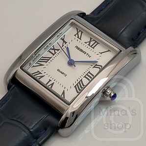 【アールと直線の折衷×ユニセックス寸でお洒落の範囲が無限に広がる/新品】レクタングル パールホワイト文字盤/ロイヤルブルーレザー