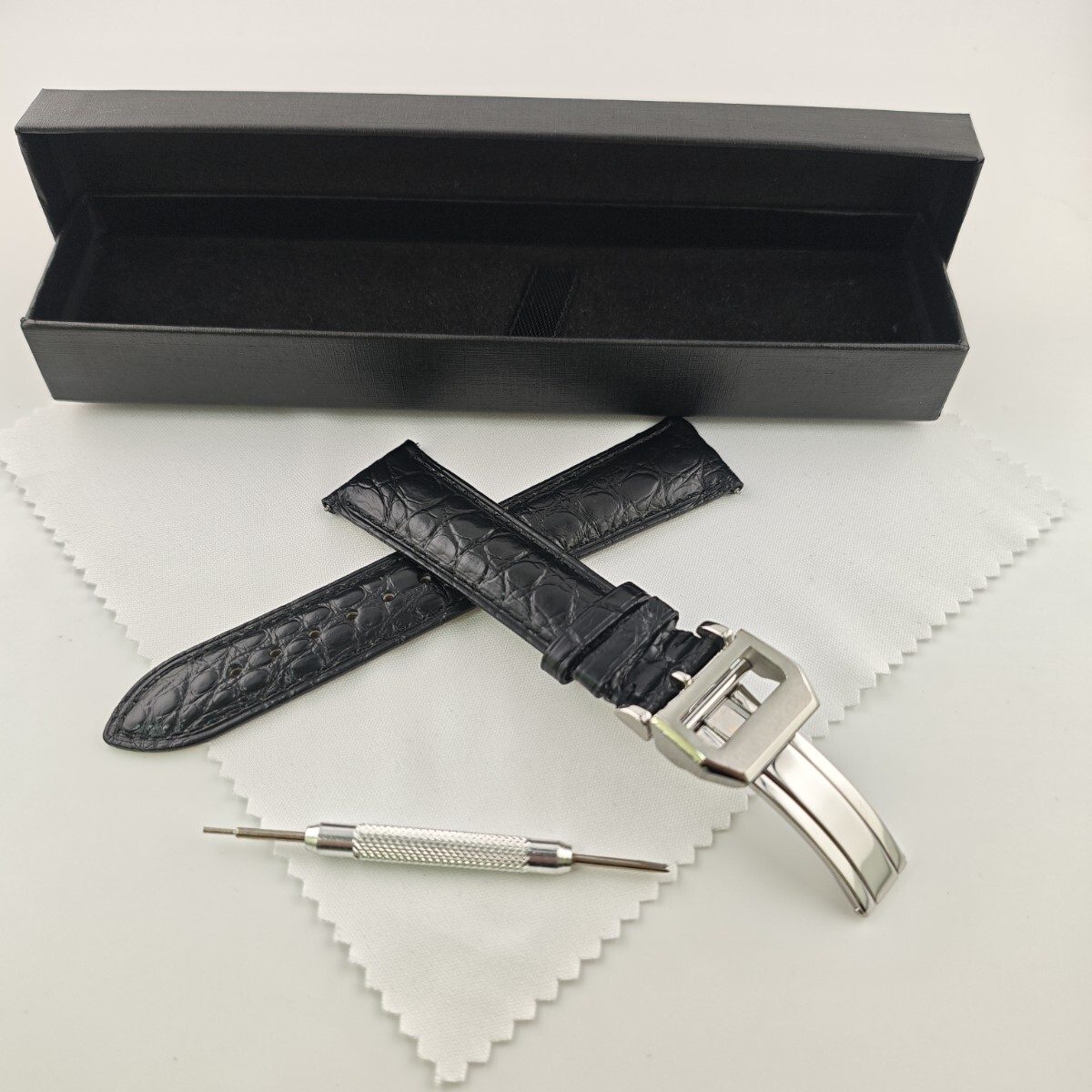 21mm 腕時計 アリゲーターレザー ワニ革 ベルト ブラック 黒 Dバックル付属 【対応】IWC パイロット ポルトギーゼ ポートフィノ等