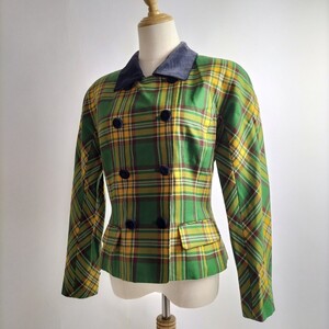 ELLE SPORTS ELLE SPORTS тартан плед двойной грудью портной пиджак длинные рукава 38 зеленый ретро старый l1002-11