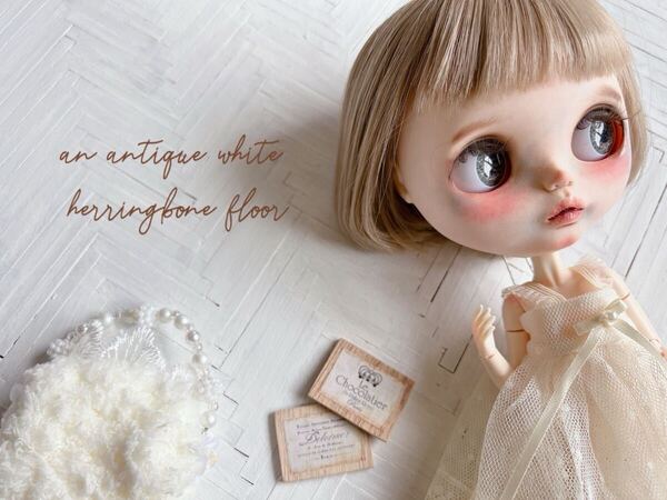 ホワイトアンティークなヘリンボーンフローリング-ミニチュア ハウス 背景ボード ブライス リカちゃん 1/6 家具 オビツ 棚 机 ドール