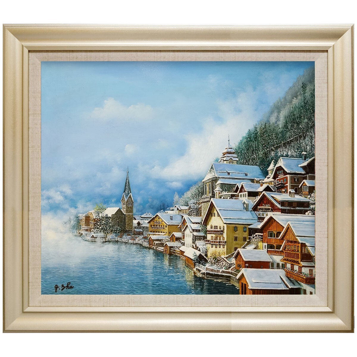 雪の風景 油彩画 油彩画 :雪解けの春山と川の風景＊絵画原画油絵風景画冬