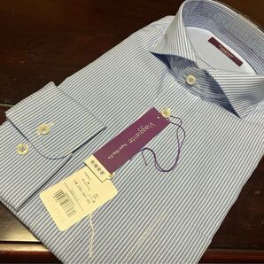 百貨店販売品 Viaggiante☆形態安定 ブルー地ストライプワイシャツ M(39-86) ホリゾンタル スーパースリム 送料無料