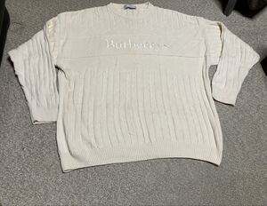 ヴィンテージ 美品 Burberrys バーバリーロゴ刺繍 アラン ケーブルコットンニット セーターメンズXL 英国製ビッグシルエットオーバーサイズ