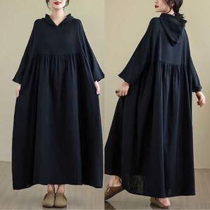 ワイド パーカー ギャザー ロング丈ワンピース ブラック 大きいサイズ