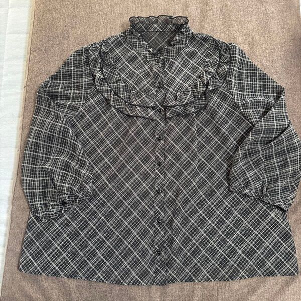 フリルネックブラウス チェック柄 シアー素材 七分袖ブラウス