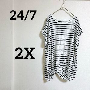 24/7【2X】ストライプ Tシャツ 半袖 ホワイト ブラック レディース