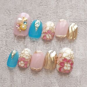 No.2186 現品販売!ネイルチップ ショート 成人式卒業式袴着物和柄振袖