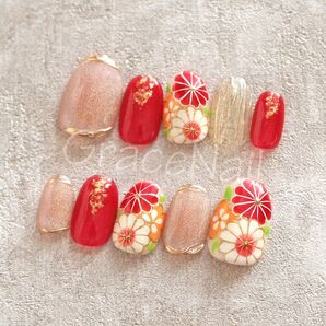 No.2037 現品販売!ネイルチップ ショート 成人式卒業式袴着物和柄振袖