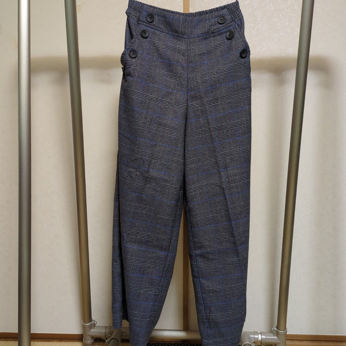 グレンチェック柄ワイドパンツ ボタンデザイン グレー系 Mサイズ