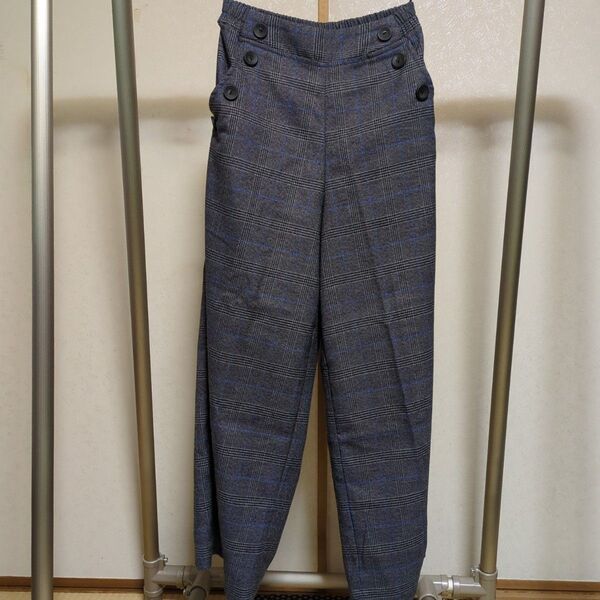 グレンチェック柄ワイドパンツ ボタンデザイン グレー系 Mサイズ