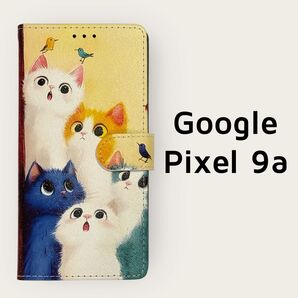Google Pixel 9a ケース 手帳型 猫柄 かわいい イエロー ピクセル