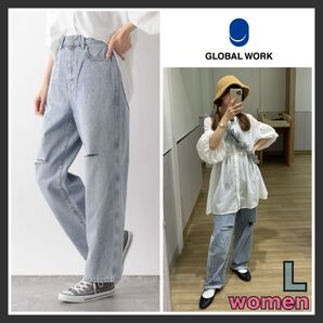 グローバルワーク GOODデニムバギーパンツ ライトブルーダメージデニム L