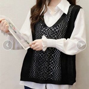 透かし編み ベスト ブラック レース編み かぎ編み ジレ ビスチェ 新品 黒 ノースリーブ ニットベスト チュニック 秋冬