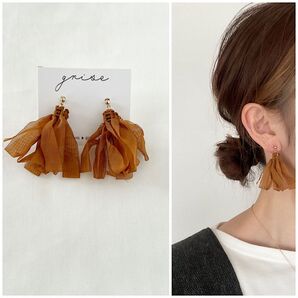 403 テラコッタ フリンジ ピアス イヤリング ハンドメイド