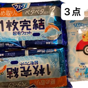 ウェーブ 1枚完結 フロア用 起毛 ウェットシート 無香 12枚×2個 & スコッティ ポケモン 除菌 ウェットティッシュ
