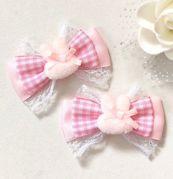 ヘアクリップリボン ピンク ギンガムチェック レース 量産型 ふわふわ うさぎ 地雷 天使界隈 サブカル ゴスロリ ロリィタ