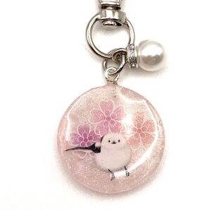 シマエナガレジン可愛いキーホルダーパール花ラメピンクフラワーA