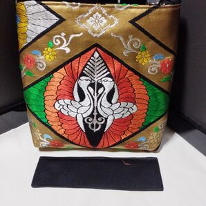 帯リメイクショルダーバッグ、 鶴