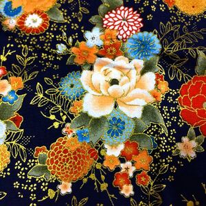 生地 ハギレ 布 和柄 菊 牡丹 花柄 50cm 金糸プリント