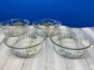 ■⑫■PYREX■パイレックス■4点セット■ガラスボウル■花柄■サラダボウル■ガラス■ボウル■調理用具■レトロ■