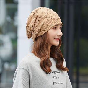 レース花柄ビーニー ベージュ ケア帽子 帽子 キャップ ターバンキャップ レース素材 春夏秋 デザインD 薄手 ターバン