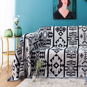 ネイティブ柄 ラグマット 90×180cm リバーシブル 黒系 ソファカバー ブランケット