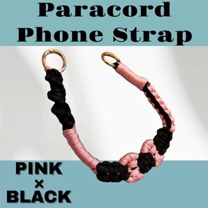パラコード スマホストラップ/ブラック×ピンク リボン