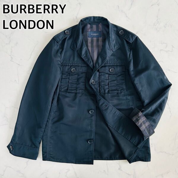 【美品】BURBERRY LONDON バーバリーロンドン ミリタリージャケット リネン混 麻 ノバチェック ネイビー L