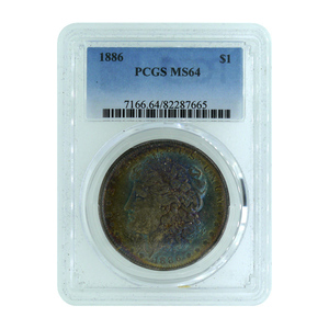 1886年 アメリカ フィラデルフィア モルガンダラー 1ドル 銀貨 PCGS鑑定 MS64 未使用 レインボートーン