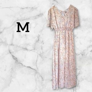 花柄ロングワンピース 【M】 フラワー ピンク Vネック マキシ丈ワンピース