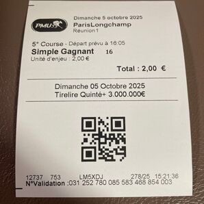 凱旋門賞 2025 パリロンシャン競馬場 現地購入単勝馬券 16アロヒアリイ